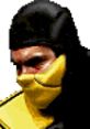 Scorpion from Mortal Kombat 3 in iconic black and yellow outfit, showcasing a fierce expression ready for battle.