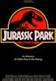 Jurassic Park movie poster featuring a T-rex silhouette and iconic logo, highlighting the thrilling adventure of dinosaurs.