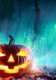 Glowing jack-o'-lantern in an eerie forest, perfect for Halloween instrumental themes and spooky ambiance.