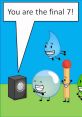 Final seven contestants celebrate in BFDI, with a cheerful drop character announcing their status in the competition.