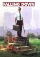 Iconic scene from "Falling Down" (1993) featuring the protagonist standing defiantly with a briefcase in a gritty urban landscape.