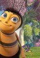 Smiling bee character from Bee Movie (2007) surrounded by vibrant flowers and trees in a colorful animated setting.