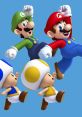 Mario and Luigi joyfully jumping with Toad characters against a vibrant blue background, showcasing classic gaming fun.