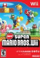 New Super Mario Bros Wii game cover featuring Mario, Luigi, Yoshi, and more, highlighting multiplayer fun for up to 4 players.