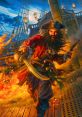 Fearless pirate charging into battle on a ship, wielding a sword and pistol amidst flames and chaos. Adventure awaits!