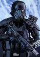 Detailed Death Trooper from Star Wars, armed and ready, showcasing its sleek black armor and weaponry in a dramatic pose.