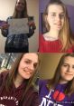 Multiple selfies featuring a young woman holding a "Rate Me" sign, showcasing different outfits and smiles for feedback.