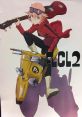 Character from FLCL riding a yellow scooter, wielding a guitar, showcasing the energetic vibe of the anime series.