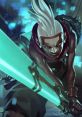 Ekko, the time-manipulating champion, wields a glowing sword in an intense action pose, showcasing his fierce determination.