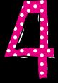 Bold pink number four with white polka dots on a black background, perfect for birthday parties and celebrations.