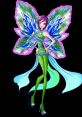 Stylish Dreamix fairy with vibrant blue and green wings, wearing a chic outfit with striking high heels and flowing ribbons.