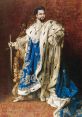 Regal portrait of Ludwig II, adorned in rich blue robe and fur, exuding royal elegance and power from a grand throne.