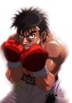 Ippo, the determined boxer, focused and ready for a match, wearing red gloves and an "Ippo" belt.