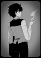 A stylish character with tousled hair holding a cup, exuding a mysterious vibe in black and white art style.