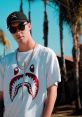 Monxx wearing stylish sunglasses and a shark graphic tee, showcasing summer streetwear vibes against a sunny backdrop.