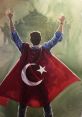 Person wearing a Turkish flag cape with raised arms, symbolizing patriotism during the 15 Temmuz events in Turkey.