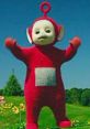 Cheerful red Teletubby dancing in a green landscape surrounded by flowers, evoking childhood nostalgia and joy.