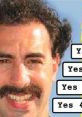 Smiling man with curly hair and mustache, featuring playful text boxes with affirmations. Humor and expression highlighted.