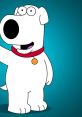 Brian Griffin, the witty dog from Family Guy, waving cheerfully on a vibrant blue background.