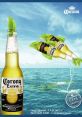 Refreshing Corona Extra bottle with lime, splashing in ocean water, promoting a vibrant summer vibe.