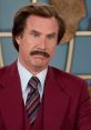 Ron Burgundy, the iconic Anchorman, sporting a classic suit and mustache, delivering serious news with classic charm.