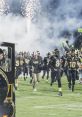 Excited football players running onto the field with fireworks, embodying the spirit of Embrace Football Club songs.