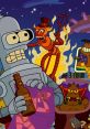 Bender from Futurama holding a bottle, surrounded by whimsical characters and a fiery background full of chaos and humor.