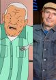 Bill Dauterive, animated character from "King of the Hill," alongside his voice actor, showcasing his iconic look.