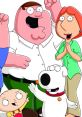 Happy family moment featuring Peter, Lois, Stewie, and Brian Griffin enjoying their time together. Classic animated scene.