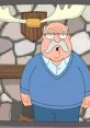 Grumpy character from Family Guy with a thick mustache, wearing a blue sweater, set against a rustic stone backdrop.