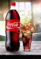 Coca-Cola bottle beside a glass filled with fizzy drink, showcasing refreshing splashes and vibrant colors.