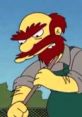 Groundskeeper Willie, the Scottish janitor, using a broom with a focused expression against a blue sky backdrop.