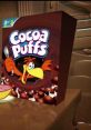 Colorful Cocoa Puffs cereal box with mascot; a vibrant display of chocolatey puffs and a playful character inviting enjoyment.