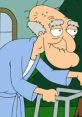 Herbert the Pervert, the quirky elderly character from Family Guy, leaning on a walker in his bathrobe outdoors.