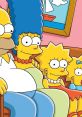 Homer and Bart Simpson with Marge, Lisa, and Maggie enjoying quality family time on the couch in their iconic living room.