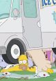 Homer Simpson stuck under an ice cream truck, surrounded by spilled ice cream and a humorous expression. Classic cartoon chaos!