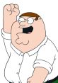 Peter Griffin enthusiastically celebrates with a raised fist, showcasing his characteristic humor and animated personality.