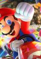 Excited Mario races in a colorful kart, celebrating victory in the classic Super Mario style on a vibrant track.