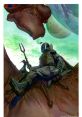 Boba Fett lounging on a creature, showcasing a colorful cosmic background in a striking sci-fi illustration.