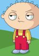 Stewie from Family Guy stands confidently in red overalls, showcasing his mischievous personality against a blue background.