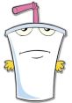 Shake from Aqua Teen Hunger Force with a pink straw, yellow hands, and a signature unimpressed expression.