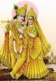 Radhekrishna depicted in vibrant yellow attire, showcasing divine love and unity against a serene backdrop.