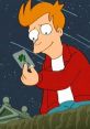 Fry from Futurama gazes happily at a dollar bill under a night sky, showcasing his quirky and optimistic personality.