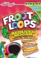 Colorful Froot Loops cereal box featuring reduced sugar and nutrition highlights, with a playful toucan character.