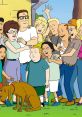 Hank Hill and the cast of King of the Hill gather happily outdoors with friends and a dog in a vibrant cartoon scene.