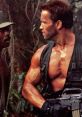 Arnold Schwarzenegger in Commando, showcasing his iconic physique and intense action scene in a jungle setting.