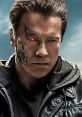 Arnold Schwarzenegger as the iconic cyborg with a damaged face and red eye, showcasing his role in sci-fi cinema.