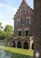 Historic Paffendorf building with rich architecture, surrounded by lush greenery and serene water lilies.