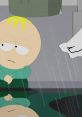 Butters from South Park looking contemplative, surrounded by rain, reflecting his humorous side during prank calls.