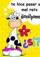 Cartoon cow holding a flower, apologizing in Spanish for a bad moment, bright yellow background with playful text.